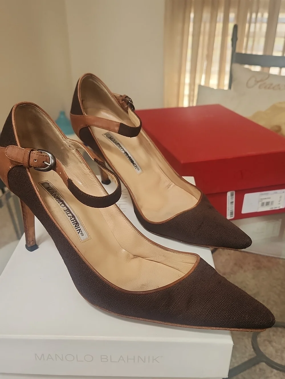 Manolo Blahnik Dark Brown Woven Mesh Trimmed With Leather. 31/2